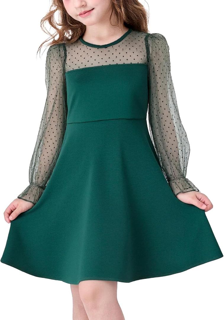 Girl's Contrast Mesh Puff Long Sleeve High Waist A Line Green,5-6 Years
