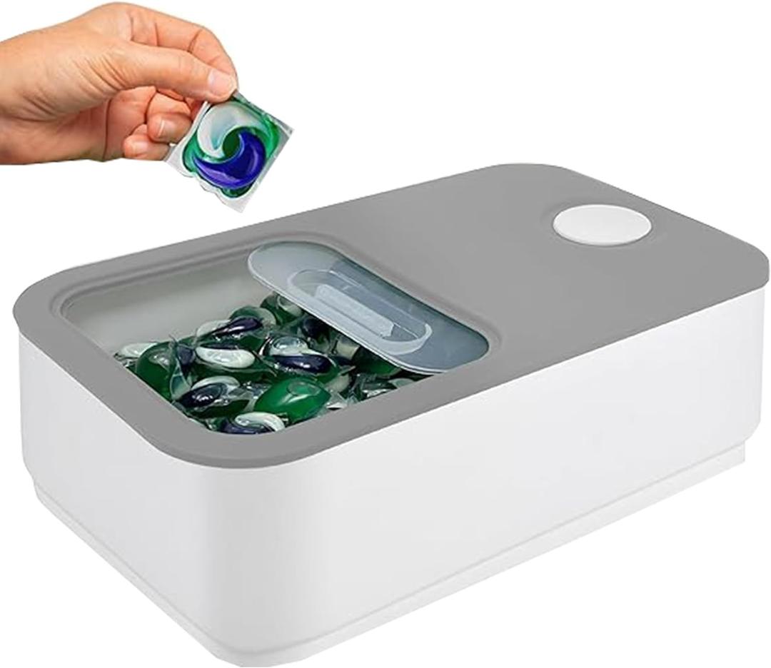 Skywin Large Laundry Pods Container Push Open with Grey Lid, Laundry Pod Holder 15 x 8.7 x 4.5 In, Holds 11 Pounds OR 120-150 Pods, Laundry Pod Container, Dishwasher Pods Container