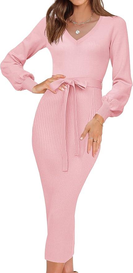 HAEOF Womens 2026 Puff Long Sleeve Fall Winter Sweater Dress Trendy Ribbed Knit V Neck Business Work Midi Bodycon Dresses S