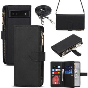 iCoverCase for Google Pixel 6a Wallet Case with Card Holder, Kickstand Feature PU Leather Case with Adjustable Crossbody Lanyard Magnetic Clasp Zipper Pocket Flip Cover (Black)