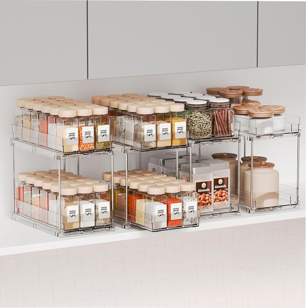 Yieach 4 Pack 2 Tier Vertical Spice Rack Pull Out,10.4'' Deep Narrow Slide Out Spice Rack Organizer for Inside Cabinets,Kitchen,Pantry,Cupboard Seasoning,Can,Jar Organizer and Medicine Cabinet Storage (Clear-2 Drawer)