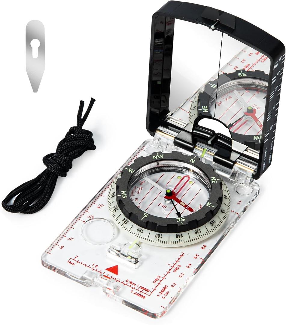 High-Precision Compass with Mirror for Hiking, Camping, Adjustable Declination, Portable Orienteering Compass with Map Scale & Lanyard, Perfect for Outdoor Navigation and Adventure