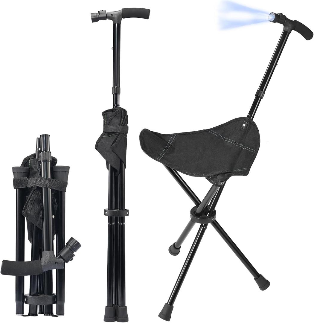 Cane with Seat Foldable Lightweight Walking Cane with LED Light Adjustable Walking Stick for Seniors
