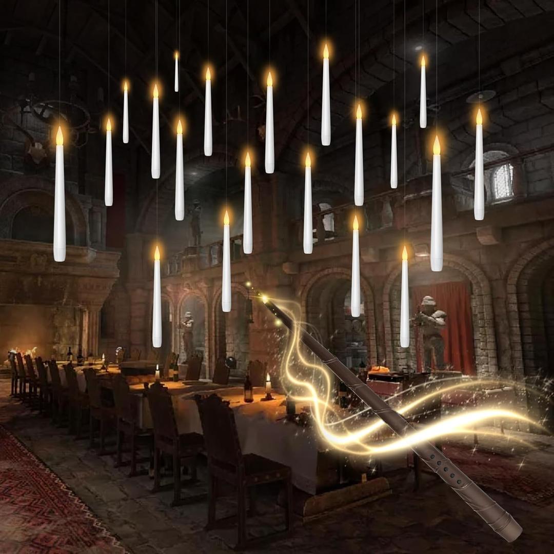 kakoya Flameless Floating Candles with Wand20 Pcs Magic LED Hanging Taper CandlesFlickering Battery Operated Taper Candle with Wand Remote for Halloween Decorations Best GiftWhite