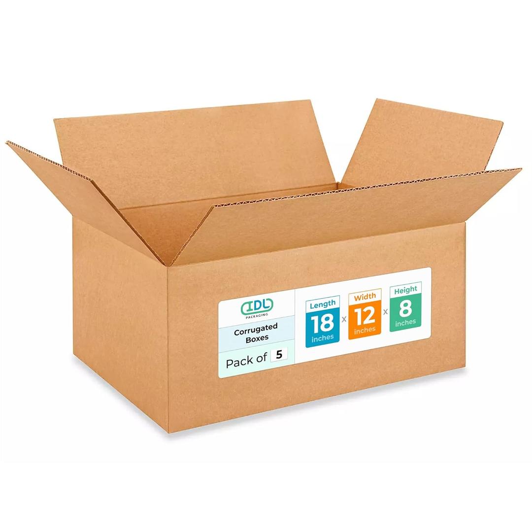 Medium Moving & Shipping Boxes 18 x 12 x 8 inches (5-Pack) - Extra Strength 200 lb vs Regular - USA-Made Corrugated Durable Cardboard Moving Boxes - Packaging & Moving Box Heavy Duty by IDL Packaging