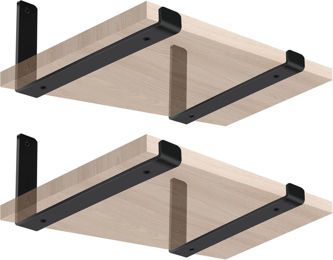 4 Pack - 7.25" L x 4" H x 1.5" W J Lip Shelf Brackets Rustic Farmhouse Iron Wall Floating Shelf Bracket Metal Shelf Bracket Industrial Shelf Supports with Screws Black
