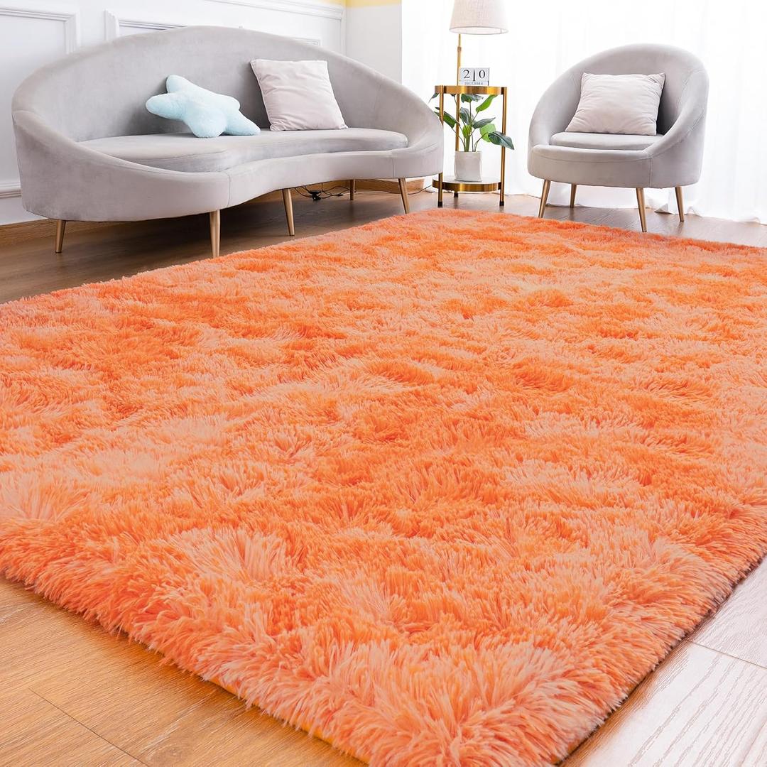 Fluffy Rug for Bedroom Living Room, 2x6 Orange Area Rugs, Faux Fur Shag Modern Carpet Ultra Soft Girls Boys Room Home Decor, Tie-Dyed