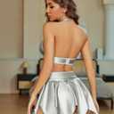 Avidlove Sexy Lingerie for Women Rave Club Date Night Outfits Lingerie Set Leather 2 Piece Halter Crop Top and Mini Skirt (Large, Gray)