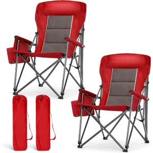 LET'S CAMP Oversized 29.52" High Back Camping Chairs Heavy Duty Lawn Chair Support 500LBS, Collapsible Chair with Cup Holder, Side Pocket,2 Pack(Red), Twin Pack