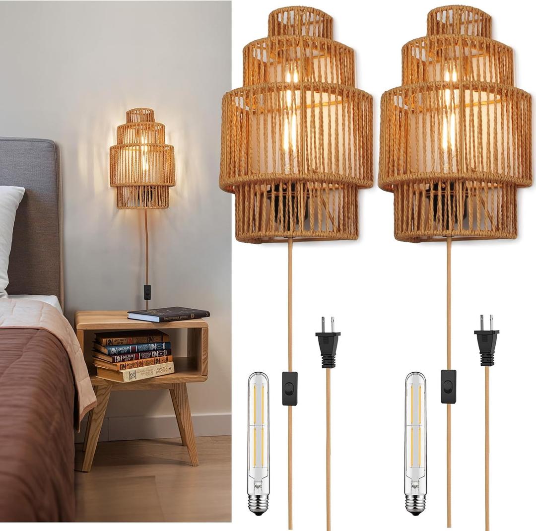 Plug-in Wall Sconces Set of 2, Handwoven Bohemian Wall Decor with Switch and Bulb, Wall Lights Fixtures for Bedroom Living Room Hallway Porch (Polygonal Shade - 2 Pack)