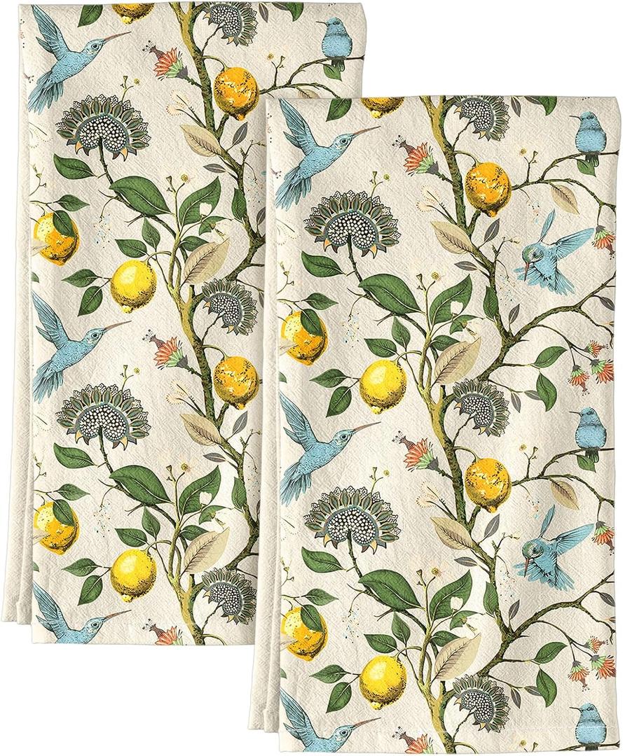 Miss Adola Flour Sack Kitchen Towels Set of 2-18x26 Cotton Dish Towels with Hanging Loop Reusable Tea Towel for Cleaning Spring Absorbent Dishcloths Cute Home Decor Housewarming, Lemon Birds