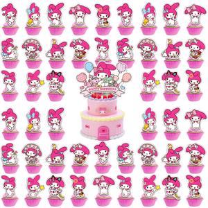 48 Kawaii Cupcake Toppers with 1 Happy Birthday Cake Topper, Educatgame Anime Themed Party Supplies, Perfect for Birthday Party Decorations (Style 4)