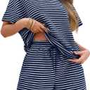 Tankaneo Womens 2 Piece Sets Summer Lounge Sets Striped Short Sleeve Oversized T Shirts Drawstring Shorts Matching Set (X-Large, Navy)