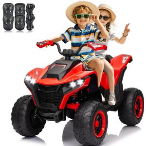 Kids ATV 4 Wheeler, 24V 2 Seater Electric ATV Quad w/4WD Motor, Protective Gear Set, Bluetooth, LED Lights, Spring Suspensions, Battery Powered Ride on Toys for Big Kids, Boys, Girls, Red