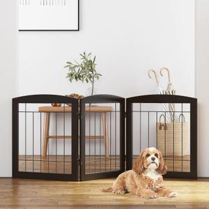 Free Standing Dog Gates for The House Stairs Doorways Indoor Foldable Wooden Small White Puppy Pet Gate Step Over Fence 60" W 24" H 3 Panels Espresso
