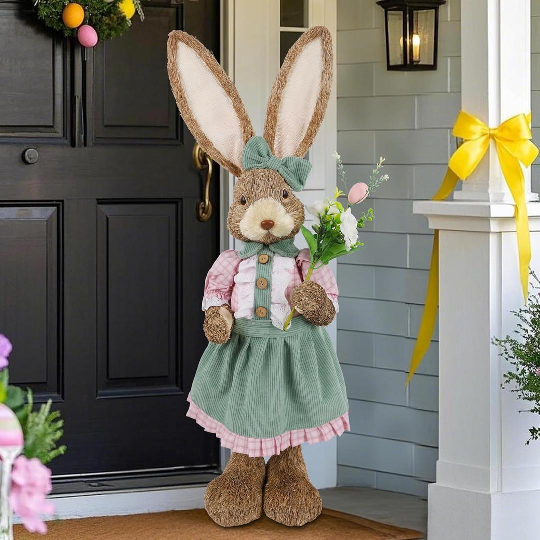 DR.DUDU Easter Bunny Decor, 2.7 FT Large Sisal Rabbit Outdoor Decorations with Flowers for Porch, Tall Standing Easter Bunnies Statue Topiary for Home Indoor Farmhouse Spring Decor
