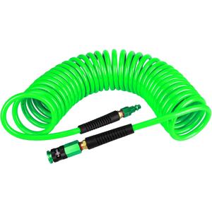 Heavy Duty Polyurethane Recoil Air Hose 1/4 in x 25 ft, Lightweight, Flexible Compressor Hose with Universal Quick Coupler, Plug and Bend Restrictors, Green