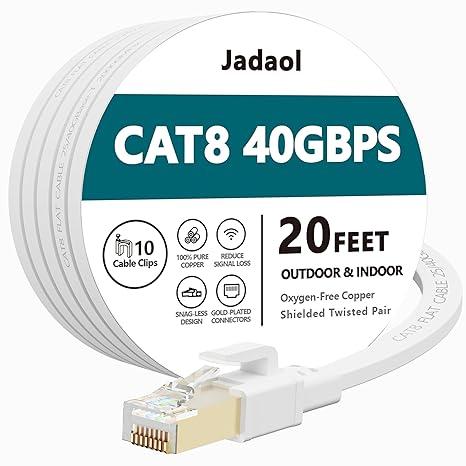 Cat8 Ethernet Cable, Outdoor&Indoor, 20 FT Heavy Duty High Speed Cat 8 LAN Network Cable, 40Gbps 2000MHz RJ45 Flat Internet Computer Patch Cord, Weatherproof S/FTP UV Resistant for Router/Modem/Gaming
