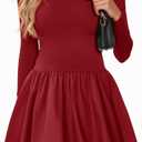 Wenrine Women Long Sleeve Bubble Mini Dress Bodycon Mock Neck Casual 2025 Cocktail Club Party Dresses (Medium, Burgundy)