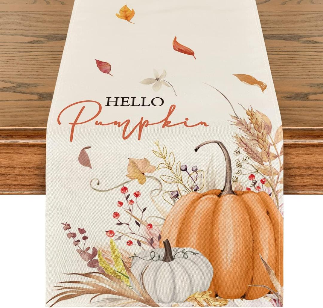 Artoid Mode Hello Pumpkin Flowers Leaves Thanksgiving Table Runner, Seasonal Fall Harvest Vintage Kitchen Dining Table Decoration for Indoor Outdoor Home Party Decor 13 x 90 Inch (Orange)