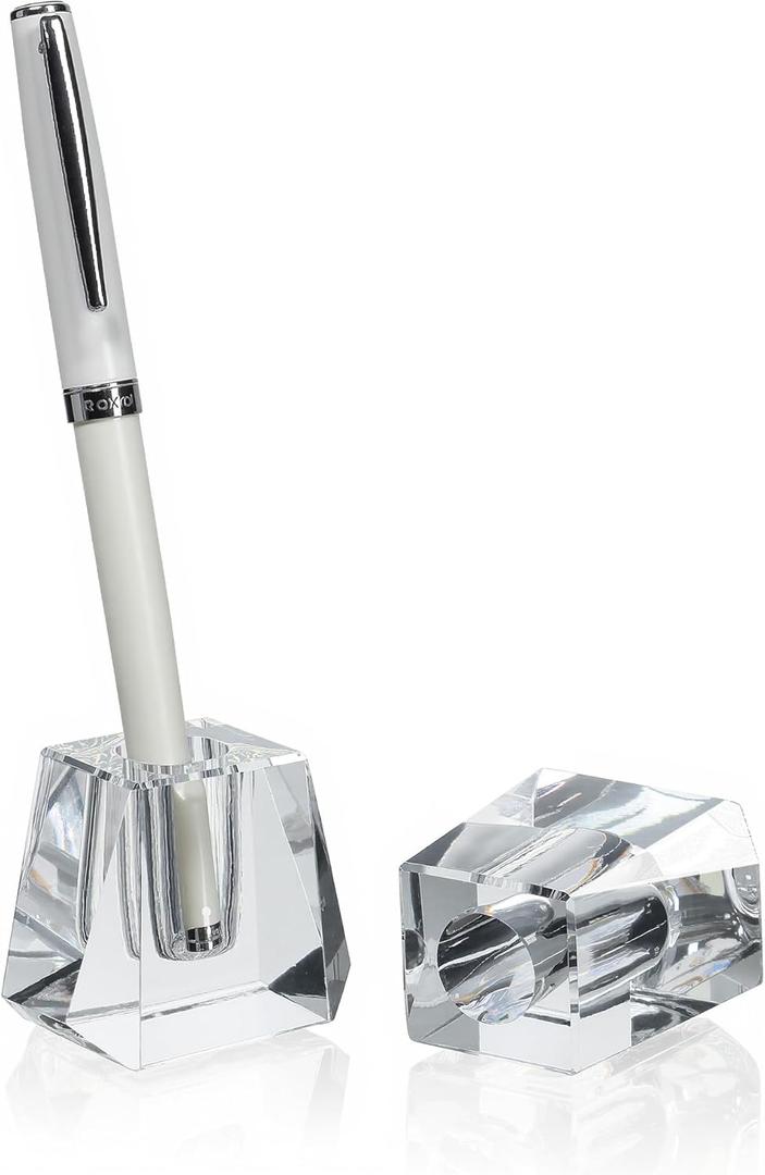 QFkris 2-Pack Crystal Single Pen Holder for Desk, 1.8" Fancy Fountain Pen Stand, Glass Feather Pencil Holder for Office Desktop Decoration, Gift for Man Woman Students Teachers Father Boyfriend