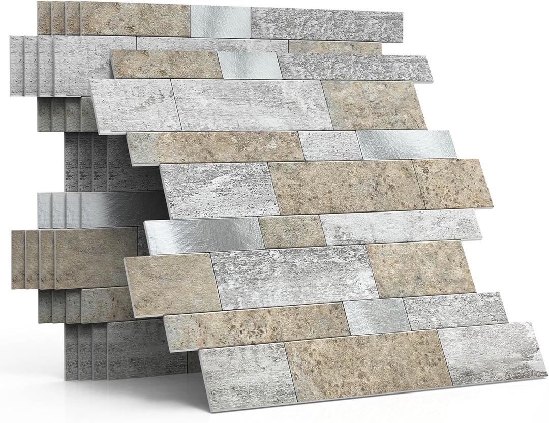 MOFIT Backsplash Tile for Kitchen Peel and Stick Stone Matte Finish,Bathroom Tiles Stickers 3D Wall Panel Linear Mosaic Marble Backsplash Waterproof(10sheets,Castle Brown)