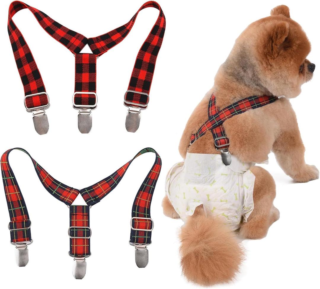 Dog Diaper Suspenders - Dog Suspender for Male or Female Diaper Keeper - Dress, Skirt (Red Grid, Small)