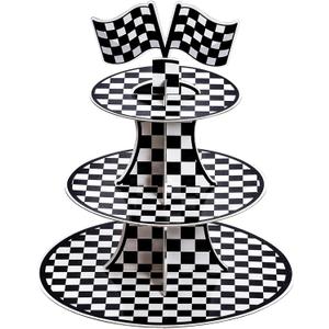 3-Tier Round Cardboard Cupcake Stand, Racing Car Theme Cardboard Cupcake Holder, Car Theme Dessert Display Stand Tower, Black and White Checkered Car Party Decorations Supplies