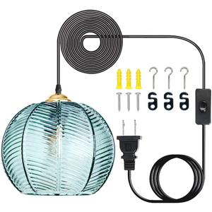 Plug in Glass Pendant Light Mid-Century Modern Striped Glass Hanging Ceiling Lighting Fixture with 14.7FT Cord, Globe Decor Chandelier for Living Room, Bedroom, Dining Hall, Kitchen (Green)