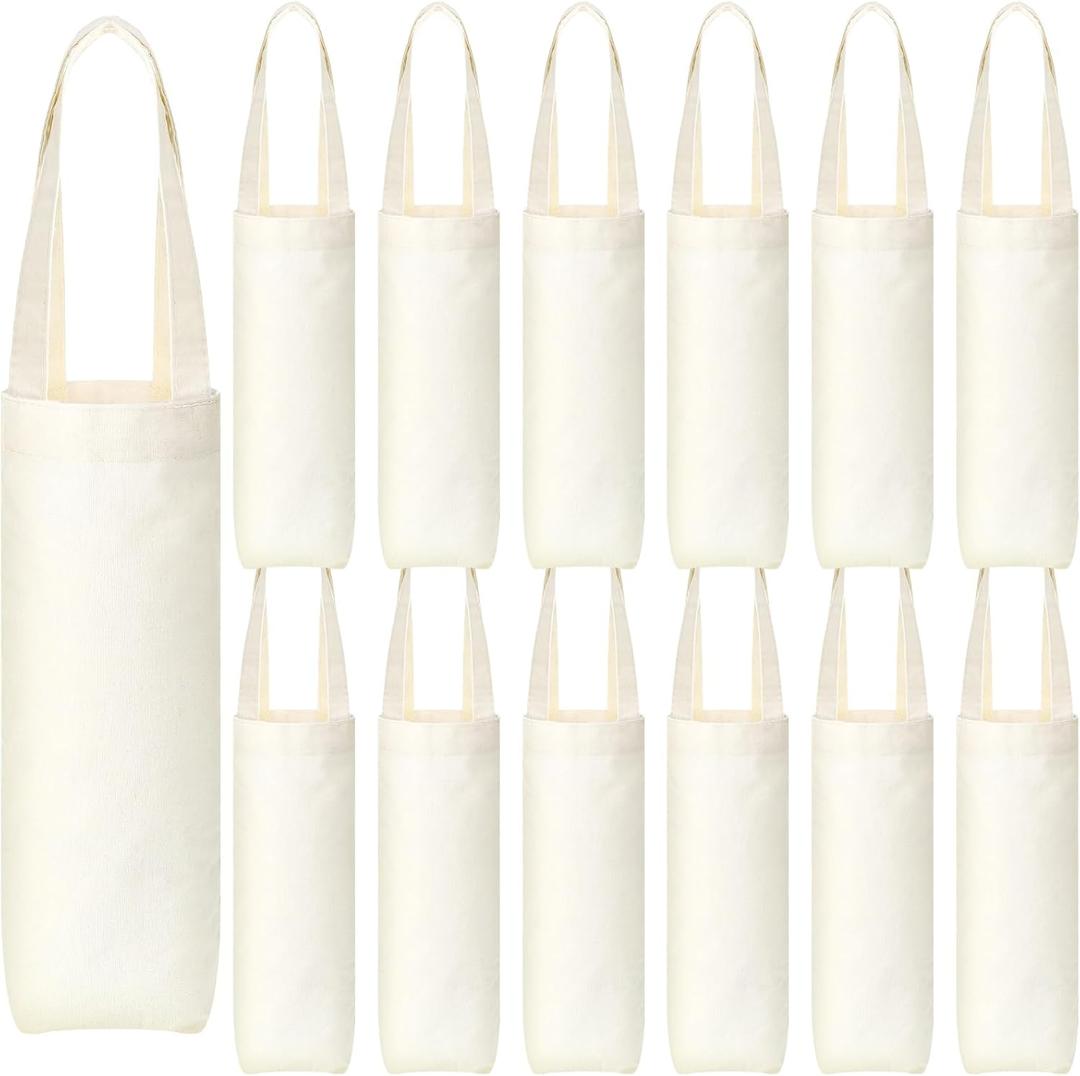 Hoolerry 12 Pcs Canvas Wine Tote Bags with Handle 12 Inch Reusable Sublimation Blank Wine Bottle Gift Tote Bag Washable Purse Carrier for Champagne Liquor Beverage Weddings Holiday Birthdays Party