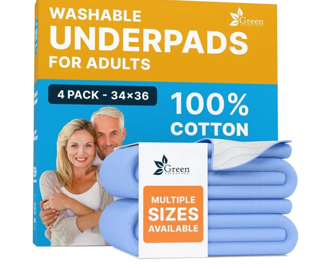 GREEN LIFESTYLE Washable Underpads - Large Bed Pads for use as Incontinence Bed Pads, Reusable Pet Pads, Great for Dogs, Cats, Bunny, Seniors Bed Pad (Pack of 4 - 34x36)