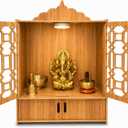 Wooden Pooja Mandir for Home with Doors - Temple Cabinet with LED Light and Storage Shelf for Hindu Worship, Living Room, Bedroom, Office