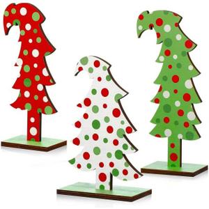 3 Pcs Wood Christmas Tree Tabletop, Lime Green Bendable Mini Christmas Tree Small Decor Farmhouse Standing with Base for Home Office Tabletop Decoration (Polka dot)