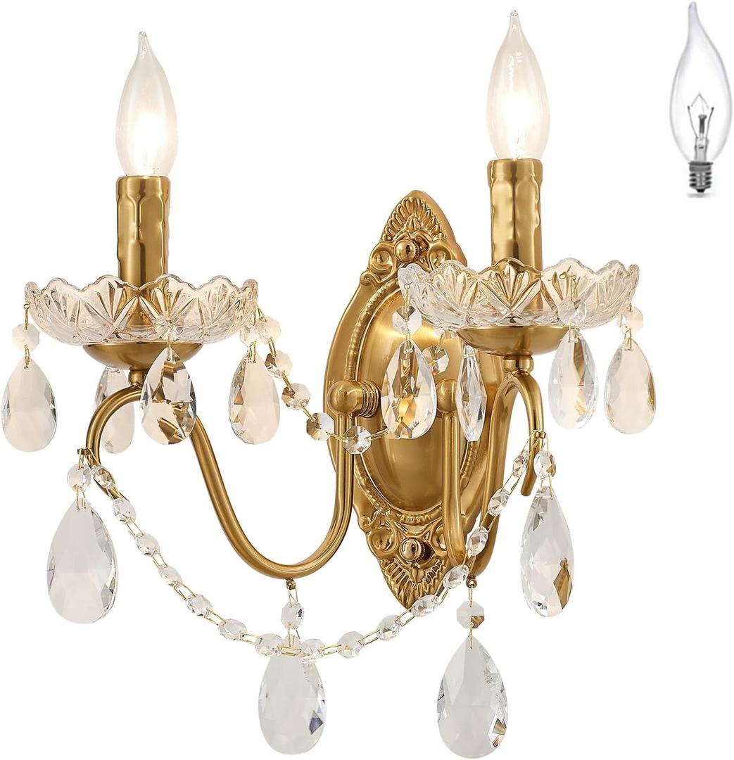Crystal Wall Sconce, Gold Wall Sconces, Gold Sconces Wall Set of 2, for Living Room, Bedroom, Bathroom,Vanity