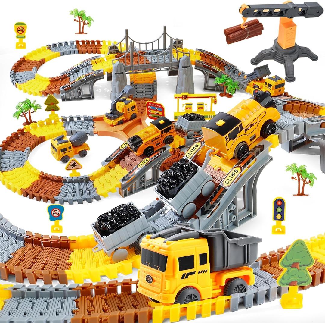 281 PCS Race Tracks Construction Toys for 3 4 5 6 7 8 9 Year Old Boys Girls, 4 PCS Truck Car, Tower Crane, Toddler Track for 4-6, Christmas Birthday Gifts for Age 3-5, Engineer Building SetKids Toys