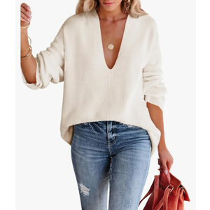 Imily Bela Womens Oversized Deep V Neck Sweaters Sexy Long Sleeve Tunic Sweater Knitted Dressy Pullover Jumper M