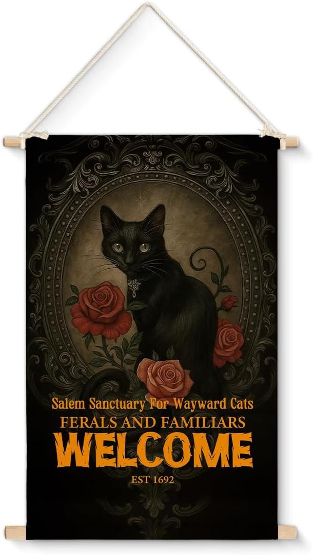XIPLUM Vintage Halloween Black Cat Wall Art Retro Spooky Cat Lover Wall Decor Halloween Welcome Sign Poster Hanging Pictures Artwork for Home Decor, 12x16 Inches