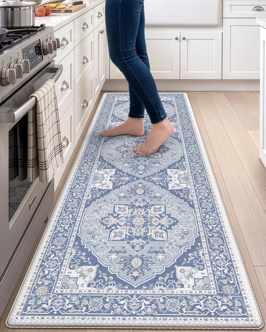 DEXI Kitchen Floor Mats Cushioned Anti Fatigue Runner Rug 23x86 Light Blue | Soft Comfort Memory Foam, Easy Care, Waterproof, Standing Padded for Front Sink Laundry Office Farmhouse