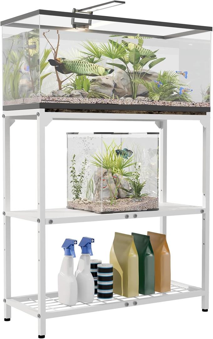 AnBaiMei 20-30 Gallon Aquarium Stand, Fish Tank Stand with Adjustable 3-Tier Storage Shelf, Heavy Duty Reptile Breeder Turtle Tank Terrarium Rack Table for Home Office, 30" L x 12" W x 32.2" H, White