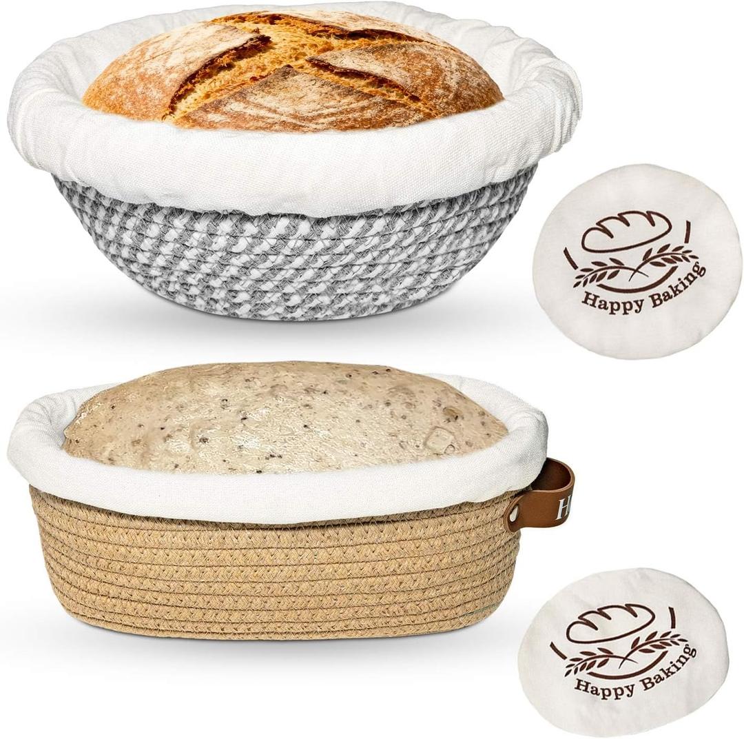 Banneton Bread Proofing Basket, Sourdough Proofing Basket, Oval & Round Proofing Baskets With Liners & Covers, Cotton Rope Sourdough Bread Baskets, Sourdough Bread Baking Supplies (A1-Grey/Brown)