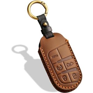 Leather Key Case, Compatible with Jeep Grand Cherokee Renegade Compass Dodge RAM Durango, No Screw (Brown)