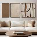 Framed Brown Neutral Abstract Wall Art, Set of 3 Modern 2D Canvas Prints for Walls, Minimalist Abstract Lines Premium Print Pictures for Living Room Dining Room Bedroom Hallway Office Wall Decor (24" H x 52" WFramed)