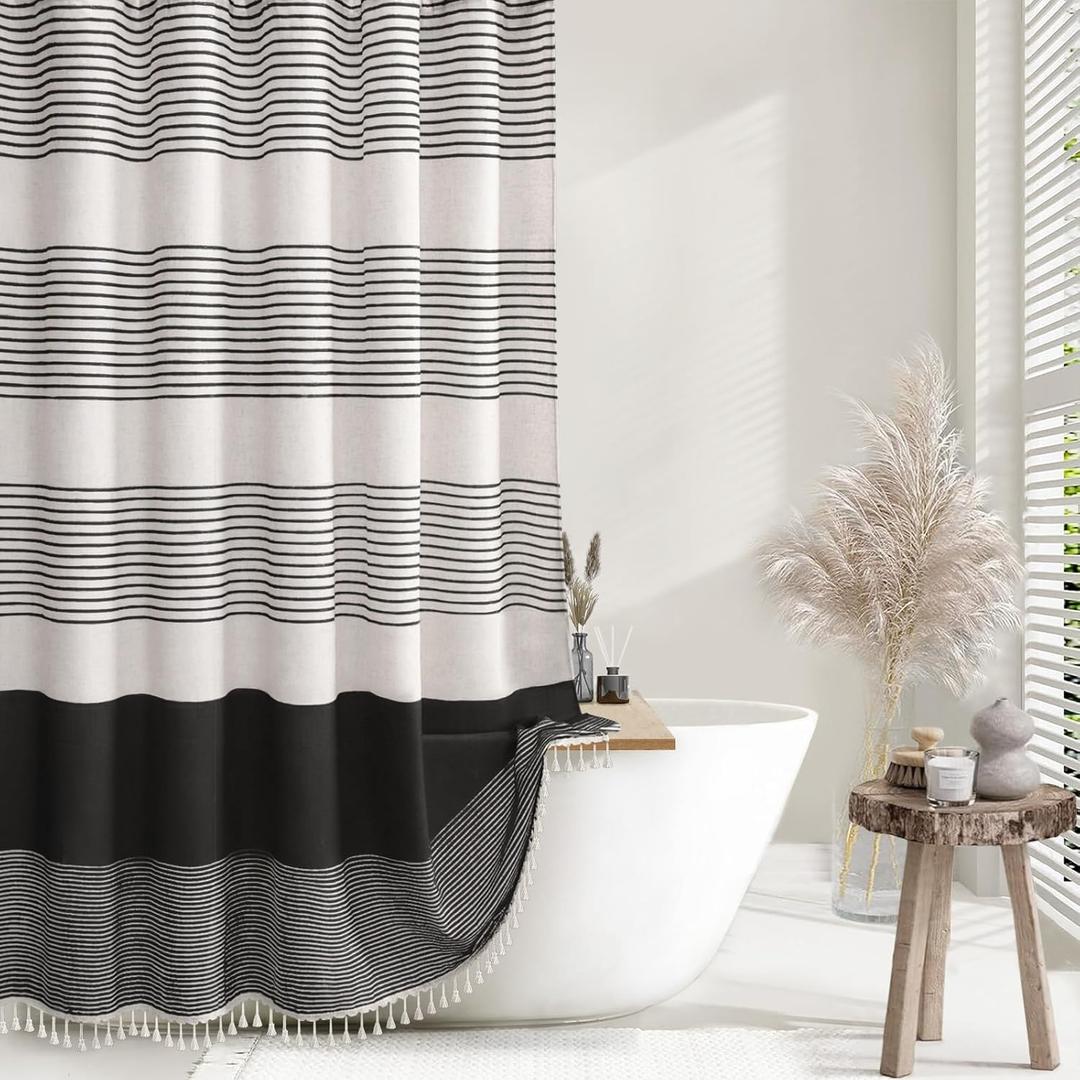 Black Boho Shower Curtains for Bathroom Linen Texture Striped Shower Curtain with Tassel 72 X 72 Natural