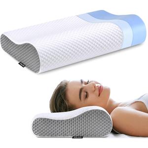 Neck Pillow Memory Foam for Pain Relief Bed Pillow for Sleeping, Ergonomic Orthopedic Cervical for Neck and Shoulder Pain, Side Back Stomach Sleeper (White&grey)