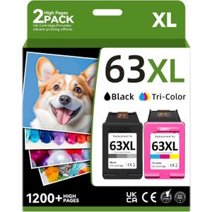 Thcbme Compatible 63XL Ink Cartridge Replacement for HP OfficeJet 3830 4650 4655 5258 5200 Envy 4520 4512 DeskJet 2130 3630, Black, Tricolor, 2-Pack