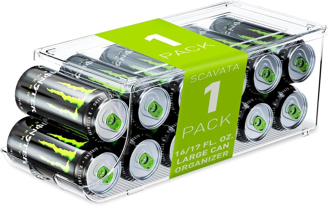 SCAVATA Soda Can Organizer for Refrigerator for Tall Cans of 16oz & 17oz, Stackable Beverage Cans Container Holder Dispenser with Lid for Fridge Pantry Rack Freezer (One Pack)