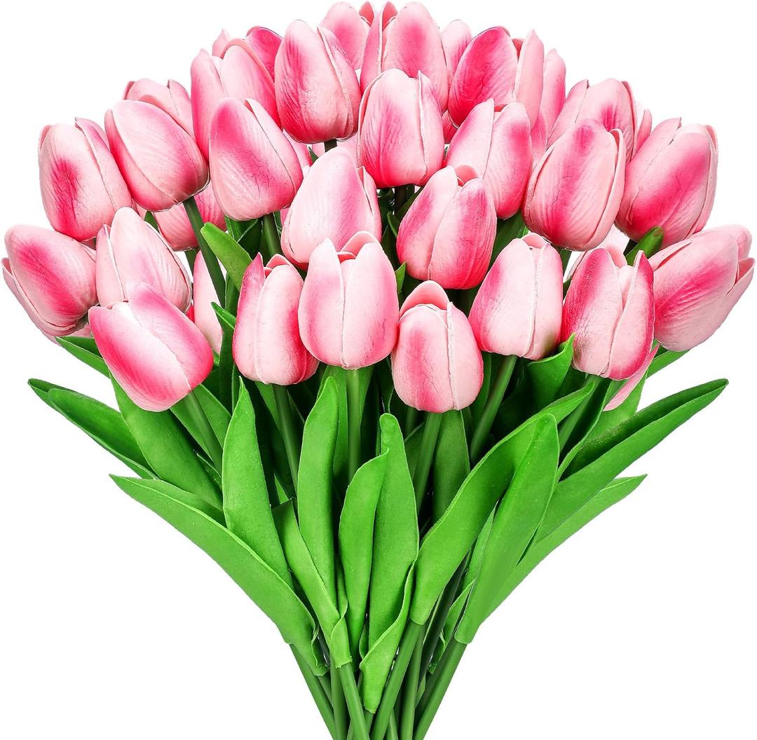 Lyrow 30 Pcs Tulips Artificial Bouquet Flowers Faux Tulips for Home Kitchen Wedding Decorations,Gift Idea for Easter Decor Mother's Day Birthdays(Rose Red)
