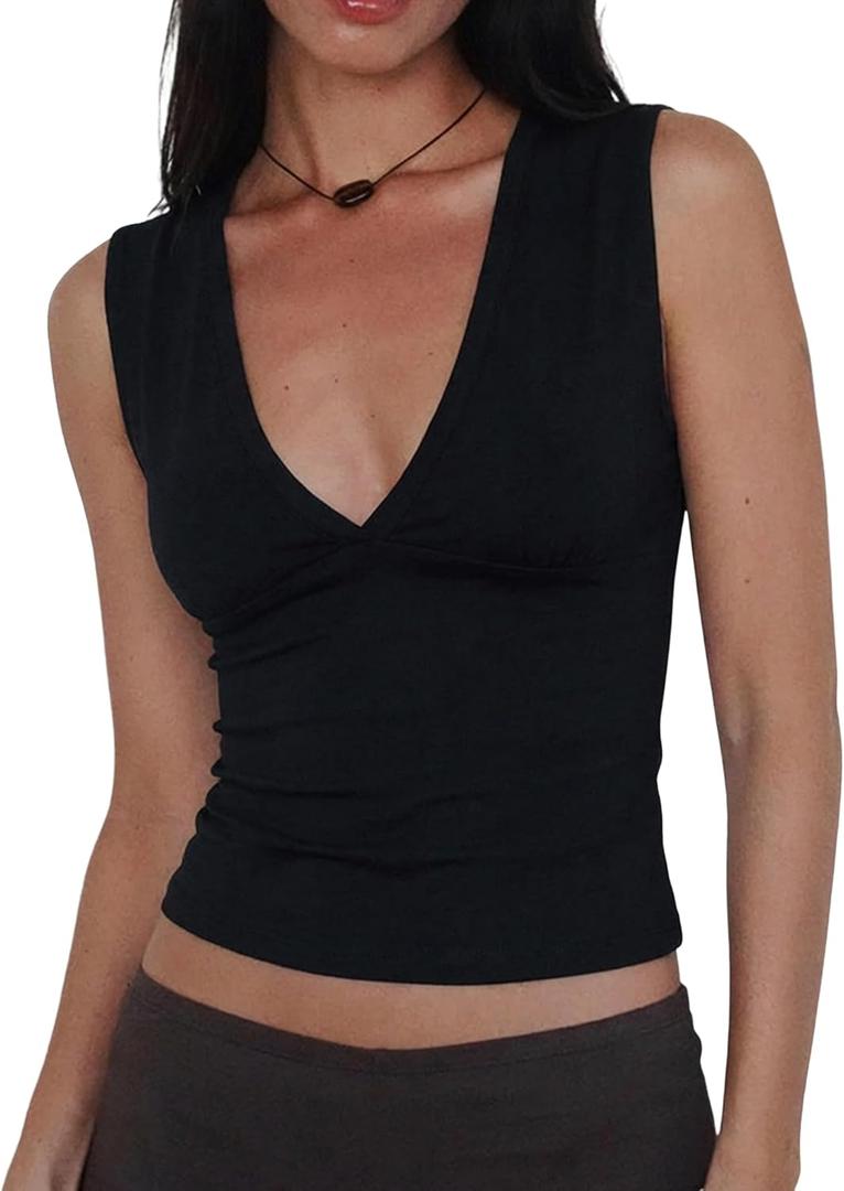 Women Deep V Neck Tops Sexy Sleeveless Crop Top Stretchy Trendy Going Out Tank Top Cute Summer Clothes, XS