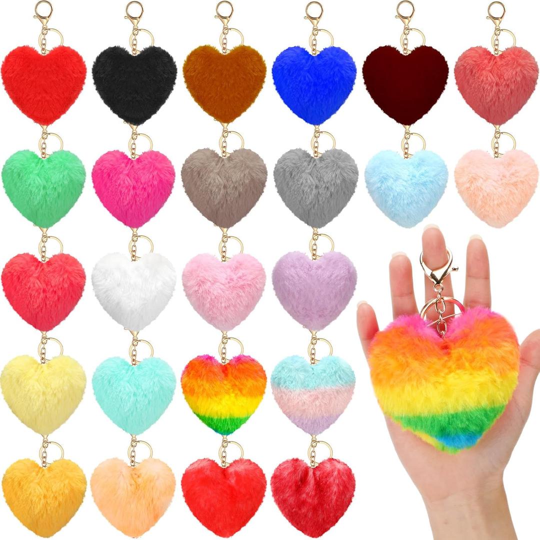 24 Pcs Heart Pom Keychain Bulk Colored Faux Fur Pom Gift for Mom Keychains Wholesale for Mother's day and women (Multicolor)