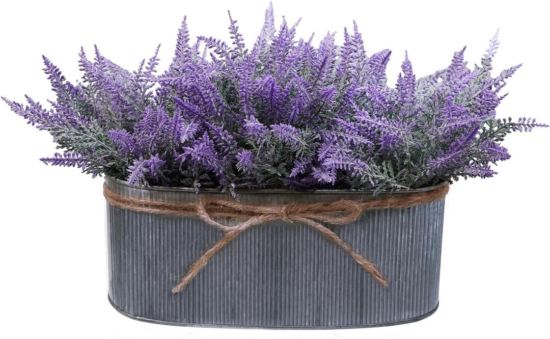 Winlyn 10 Inch Artificial Lavender Flower Arrangement in Rustic Oval Galvanized Metal Planter Box Faux Lavender Potted Plants for Farmhouse Spring Table Centerpiece Wedding Home Office Kitchen Dcor